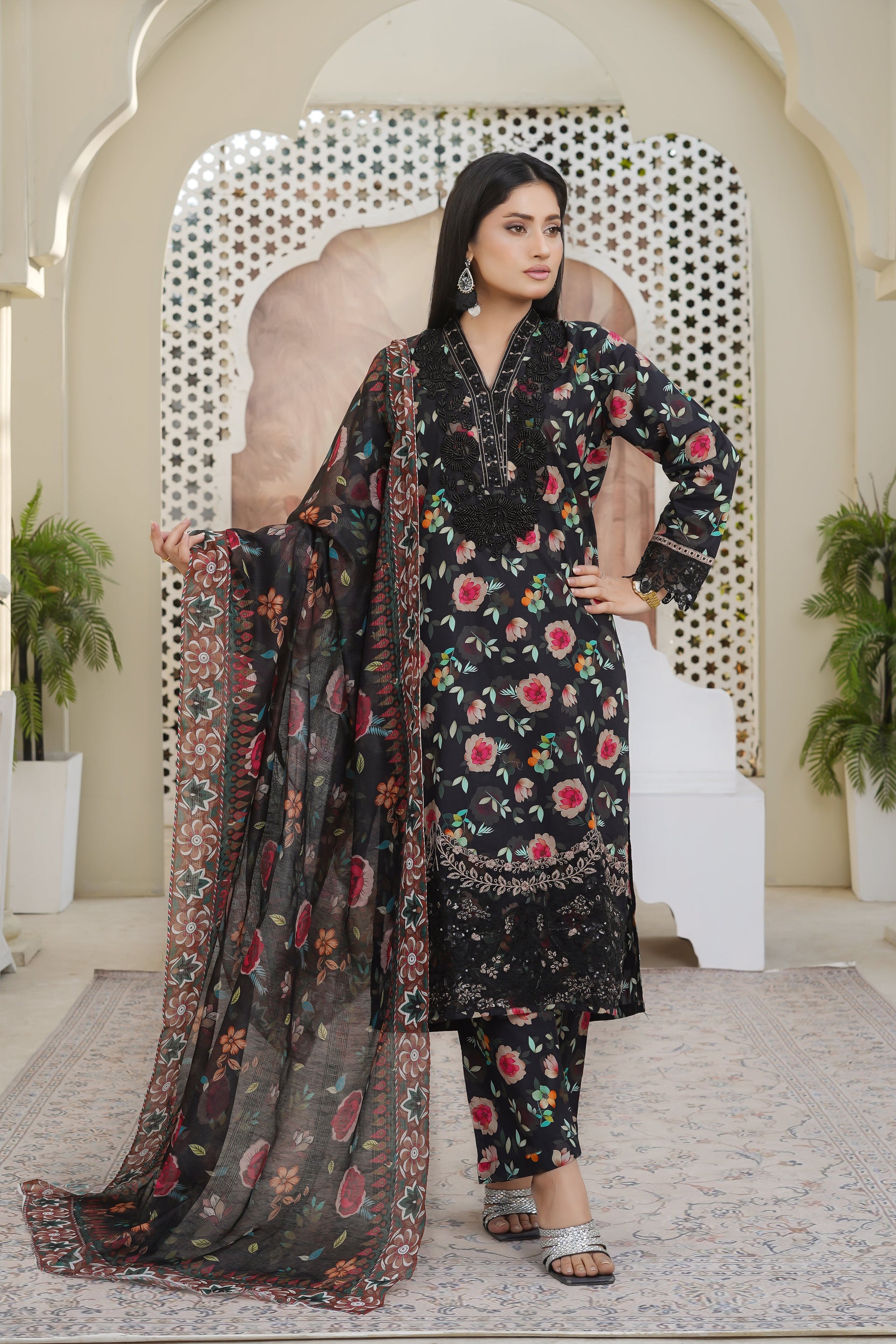 black flower print 3 piece suit stich