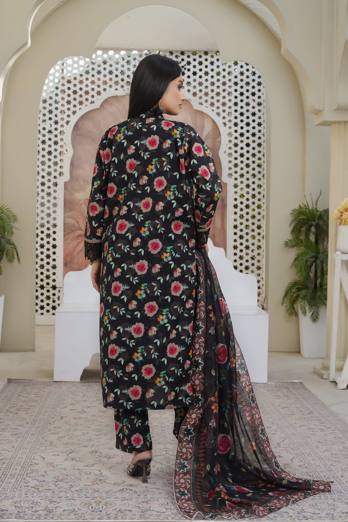 black flower print 3 piece suit stich